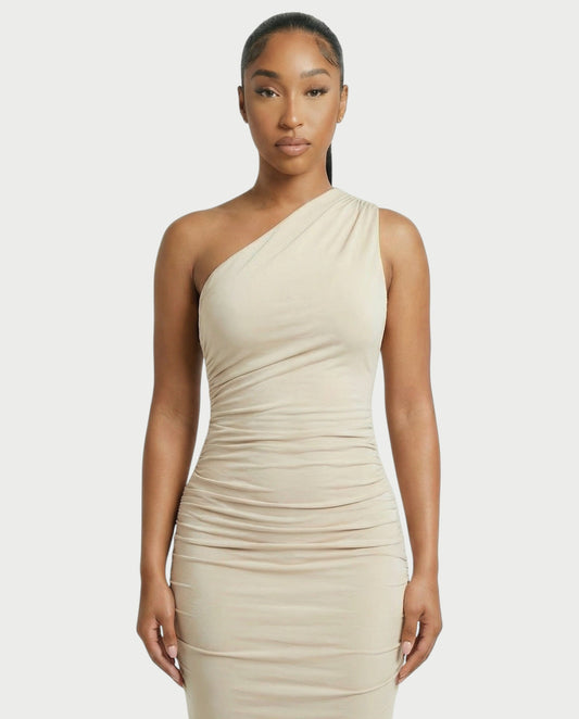 HANIMA One-Shoulder Ruched Maxi Dress